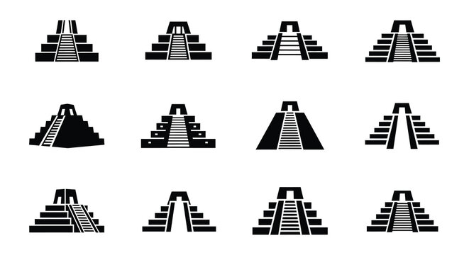 Black and white illustrations depicting mayan or aztec pyramid structures
