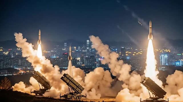 Missile defense system launching rockets toward night sky above city skyline with powerful fire smoke and modern military protection strategy cinematic animation video