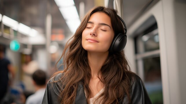Young woman sitting in crowded subway car wearing noise canceling headphones, eyes closed, gripping handrail tightly, commuters surrounding her, ideal for social overwhelm keywords, and modern