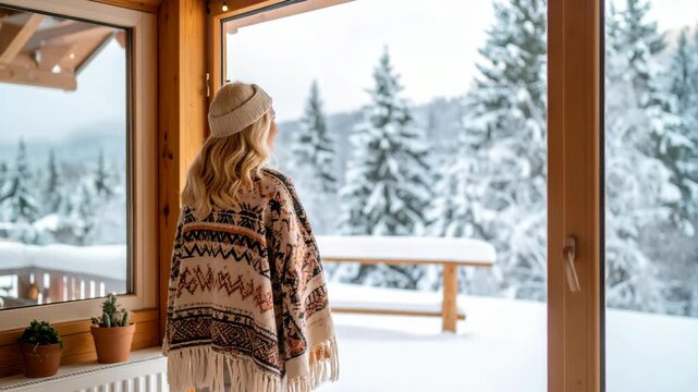 Woman in patterned poncho and beanie looks out at snowy forest from cozy cabin interior