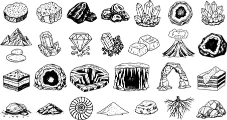 Hand-Drawn Geology and Earth Science Vector Icons Set: Rocks, Minerals, Crystals, Mountains, Volcanoes, Caves, Fossils, Geodes, Diamonds, Nature Elements Collection © nebulla