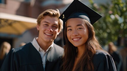 Spring graduation season concept with early graduates celebrating outdoors in caps and gowns with spring flowers, perfect for April academic milestone, spring graduation, educational achievement,