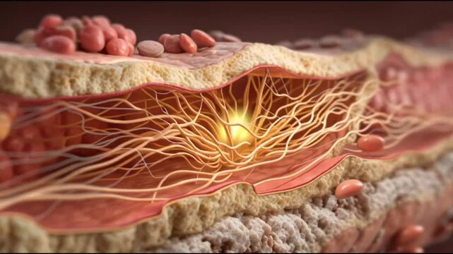 Detailed 3D animation showing human skin layers and cellular structure for medical education and research