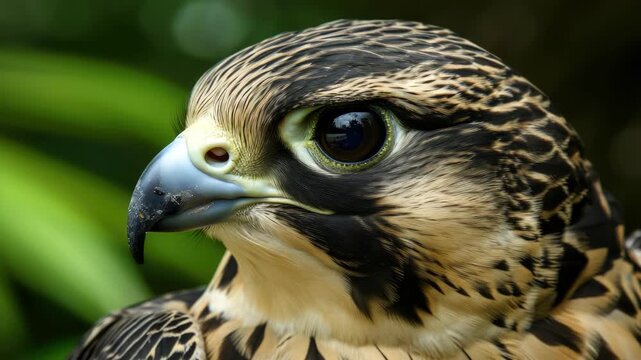 Focused gaze. Sharp, alert eyes. Sleek, patterned feathers. Dark, hooked beak. Natural green backdrop. Quiet, intense presence. Ideal for wildlife or nature themes