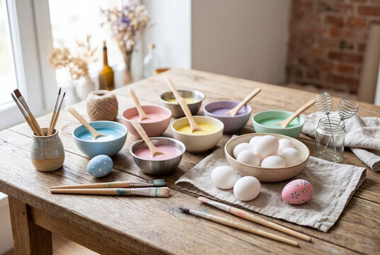 Easter egg decorating setup with colorful dyes and brushes on rustic wooden table / Easter egg decorating setup with bowls of colorful dye, paint brushes and fresh white eggs on a rustic wooden table.
