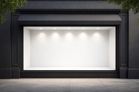 Empty black storefront display with spotlights on white background. Ai generative