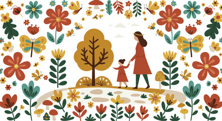 Fototapeta premium Mother and child standing on hill surrounded by colorful flowers and trees in a whimsical garden scene