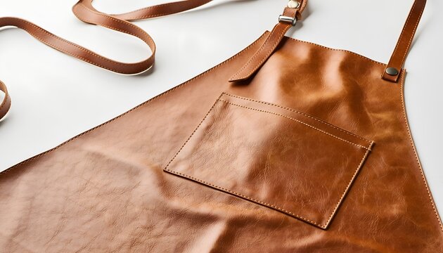 Stylish leather apron with front pocket and brown straps against a white backdrop