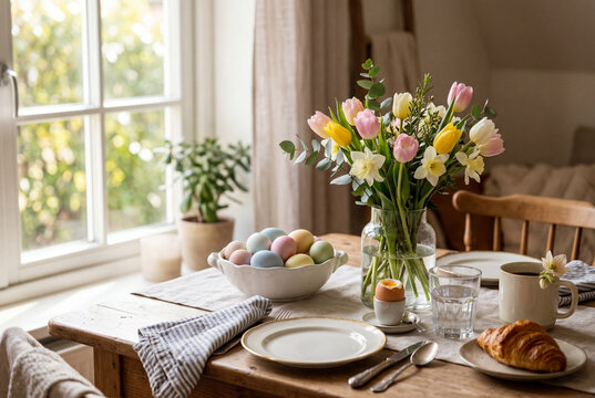 Easter breakfast table with pastel eggs and spring tulip bouquet by window, cozy home kitchen table setting with flowers, croissant and festive Easter morning decoration