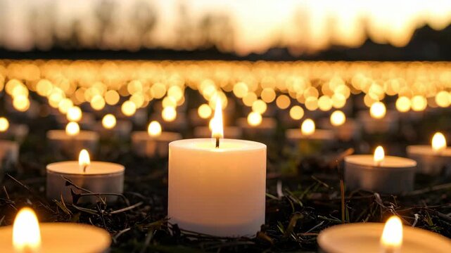 Field of glowing memorial candles at dusk, soft bokeh background