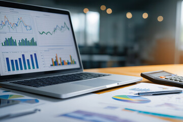 Laptop displays multiple financial charts surrounded by printed analytical reports and colorful graphs nearby.