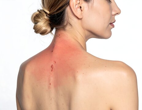 Woman's bare back with red sunburn patch and small skin spots, hair in a bun