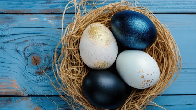 Cozy nest holds festive painted eggs. Blue wood backdrop adds rustic charm. Eggs gleam with gold and deep hues. Natural straw nest offers soft texture. Ideal for spring, Easter, or holiday themes