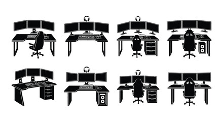 Black and white silhouettes of multiple computer gaming setups © nurjahan