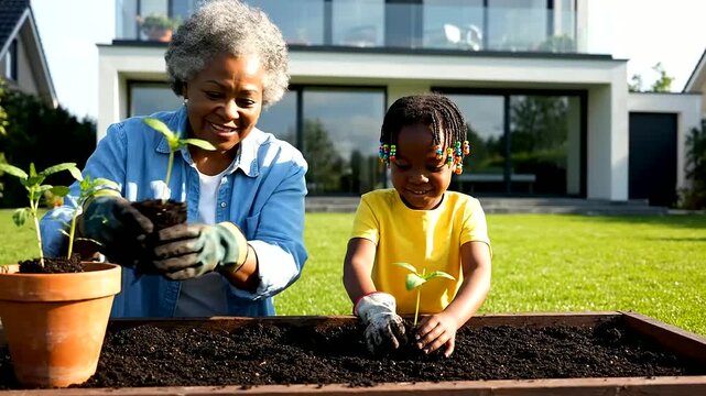 Smiling elderly woman and young child plant seedlings in a sunny garden, showcasing the therapeutic benefits of gardening for seniors and fostering heart health awareness through nurturing nature.
