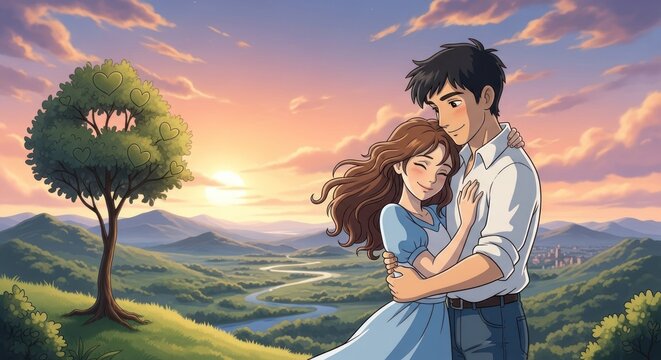 Anime couple hugging on hillside at sunset with heart tree