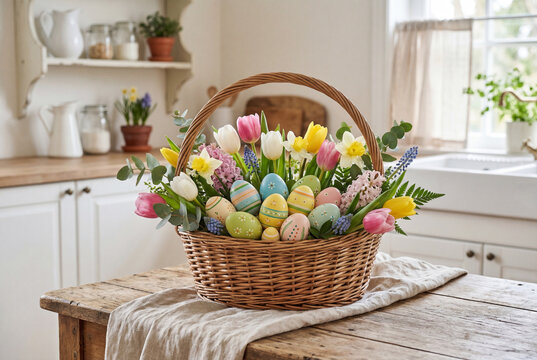 Easter basket with decorated eggs and spring flowers on rustic wooden table in cozy farmhouse kitchen, festive Easter holiday decoration with tulips, daffodils and hyacinths in natural light