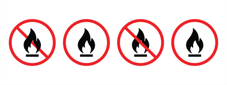 Set of no fire vector icons. Red forbidden signs of ban campfire or flame. Vector 10 Eps.