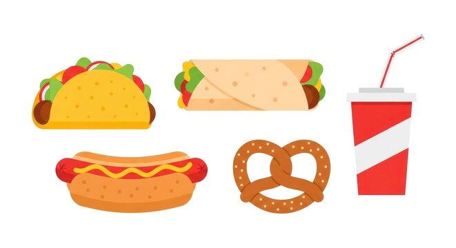 Cartoon illustrations of various fast food items on a white background