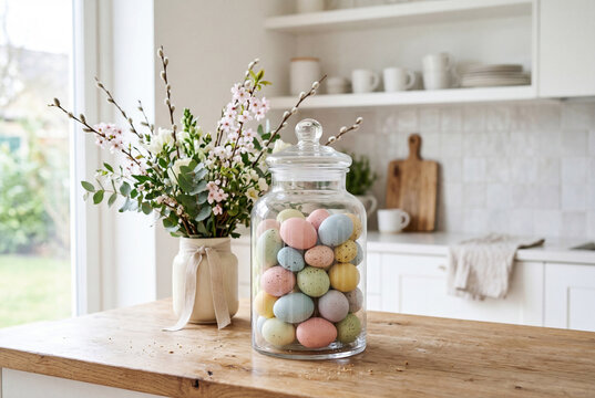 aster eggs in glass jar on wooden table in bright spring kitchen