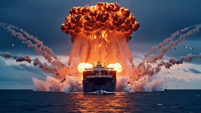 Naval explosion scene with cargo ship hit by multiple missiles in ocean creating massive fireball smoke shockwave dramatic maritime warfare crisis animation video