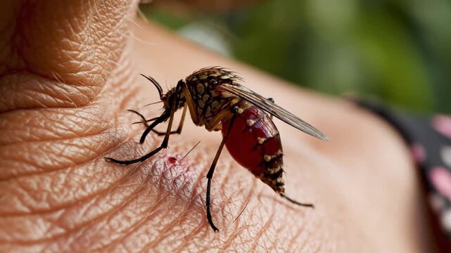 Mosquito biting human skin, abdomen engorged with blood