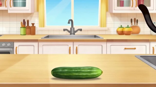 Cartoon kitchen background with cucumber on counter and window view of sky with natural light in animated style