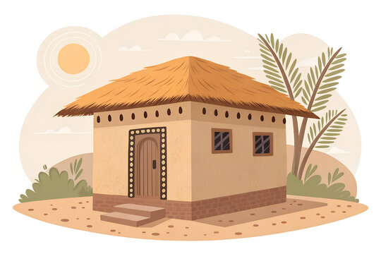 Traditional Indian mud house with thatched roof, minimal vector style, flat colors, clean lines