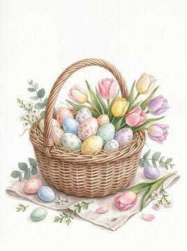 Easter eggs in nest with spring tulips on rustic wooden table