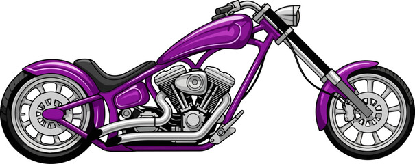 Vibrant purple chopper motorcycle illustration with sleek chrome engine and handlebars on a clean background from a side view © faisalaladabi