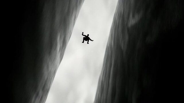Solo shadow descent. Single person slowly drifts into illuminated opening of canyon. Solitary figure silently progresses through shadowed canyon pathway toward bright entry point