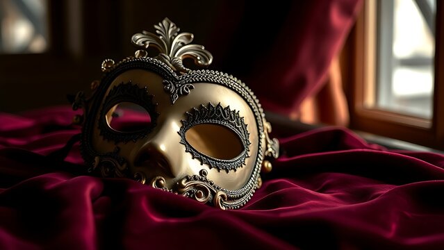 Ornate Venetian mask resting on dark velvet fabric, soft light highlighting its decorative details. event programs, museum guides, designed for cultural heritage projects and event programs.
