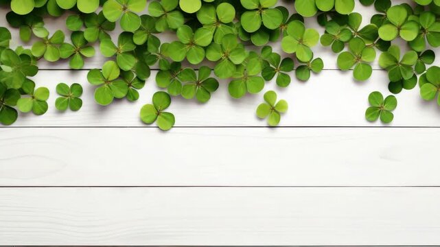 Fresh green clovers cascade over white wooden planks. Delicate leaves frame the top edge of a clean surface. Natural light enhances vibrant, lush leaf textures