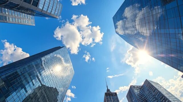 Looking up at modern glass skyscrapers against a vibrant blue sky with f clouds.