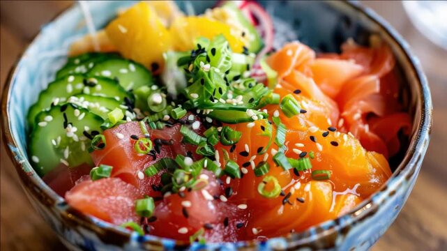 Fresh sashimi bowl with vibrant toppings. Cucumber, green onions, and sesame seeds garnish the dish. Salmon, tuna, and orange slices arranged with care