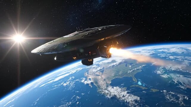Futuristic spaceship with a flat, disc-shaped design flies over planet Earth.