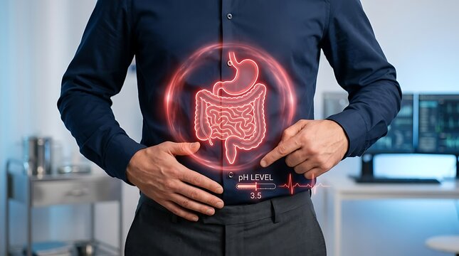 Human Digestive System with pH Level Visualization Highlighting Stomach and Intestines Health in Medical Examination Concept