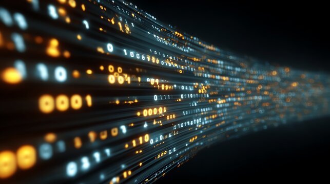 A dynamic representation of data flow with illuminated binary numbers, symbolizing the rapid advancement of technology and digital communication in the modern world.