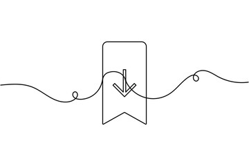 Obraz premium Bookmark with download arrow sign icon continuous one line drawing on white background minimal file save and download symbol outline vector illustration