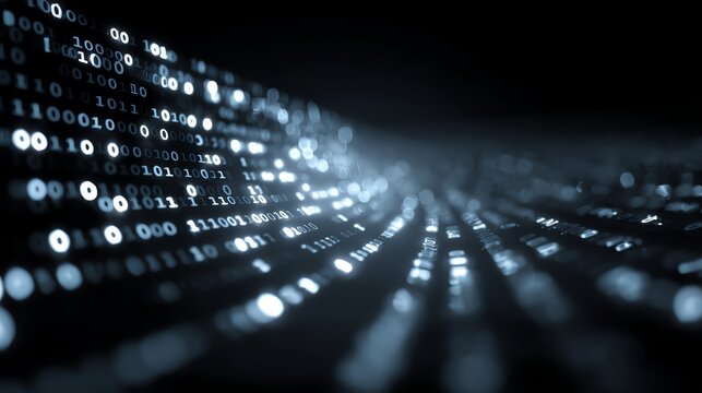 Abstract representation of digital data flowing through a network. This image features binary code illuminated against a dark background, symbolizing connectivity and information.