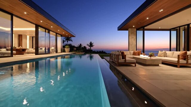 Luxury Modern Villa with Swimming Pool at Dusk.