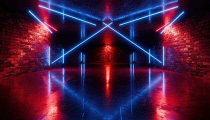 Fototapeta premium Neon laser light show in dark brick underground tunnel futuristic glowing red blue