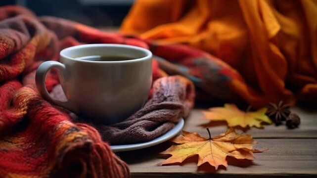 Warm cup rests on rustic wooden table. Soft autumn leaves scatter beside it. Fuzzy blanket wraps around the scene. Cinnamon star adds cozy detail. Muted light highlights rich textures