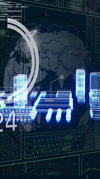 Vertical video: Globe starting circuits rising chips stacking frame sweeping forming data city view