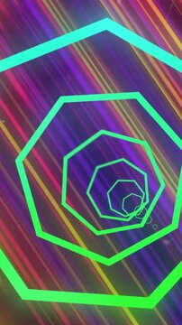 Nested neon 7-sided tunnel rotating, diagonal streaks sweeping and driving palette shift for tech