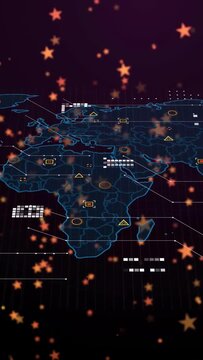 Vertical video: Neon-blue map fading in under orange stars, HUD animating, lighting nodes for tech