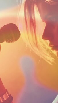 Vertical video: Mic entering triggers singer moving mic closer, singing music, flares crossing face