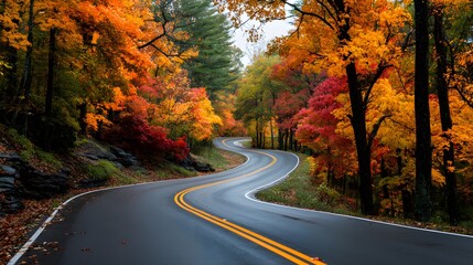 Fototapeta premium Beautifully smooth curving black asphalt road with double yellow lines, winding through a breathtakingly vibrant gorgeous autumn forest.