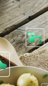 Vertical video: Icons overlaying salad during right pan, highlighting sustainability CO2 water