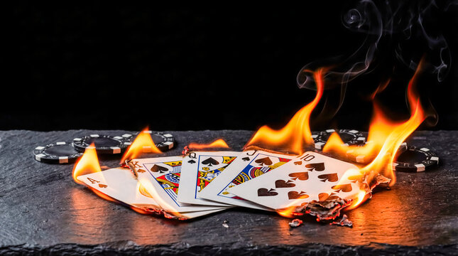 Burning royal flush spade suit fire flame dark background copy space extreme high stakes poker gambling danger risk bad beat intense casino template